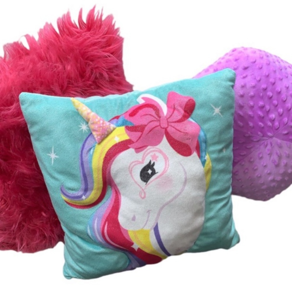 Jo Jo Siwa Unicorn 3D turquoise simmery 3 bed pillows pink purple used 15"